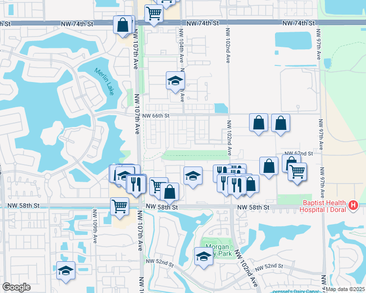 map of restaurants, bars, coffee shops, grocery stores, and more near 10346 Northwest 64th Street in Doral