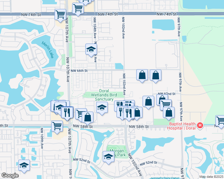 map of restaurants, bars, coffee shops, grocery stores, and more near 6402 Northwest 102nd Path in Doral