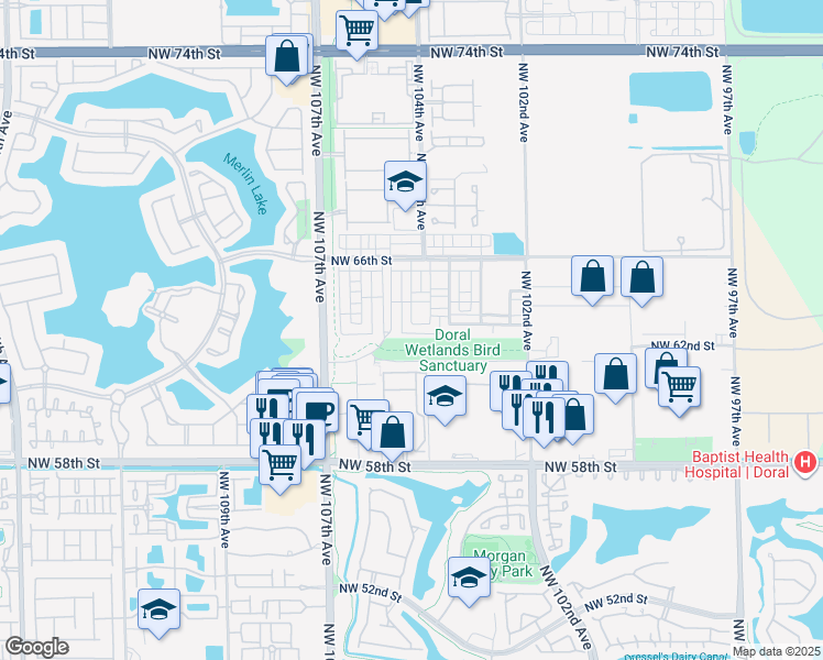map of restaurants, bars, coffee shops, grocery stores, and more near 6338 Northwest 104th Court in Doral