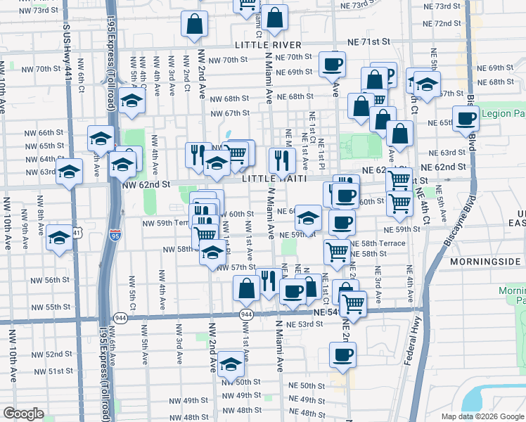 map of restaurants, bars, coffee shops, grocery stores, and more near 47 Northwest 60th Terrace in Miami