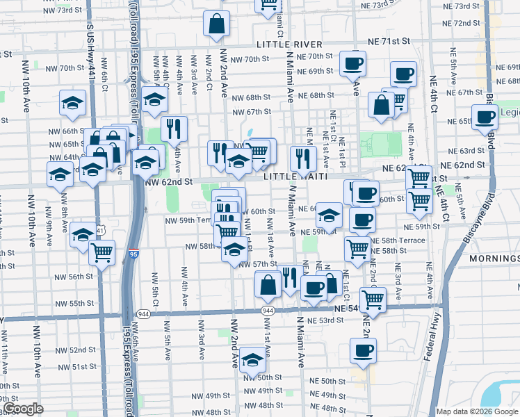 map of restaurants, bars, coffee shops, grocery stores, and more near 161 Northwest 61st Street in Miami