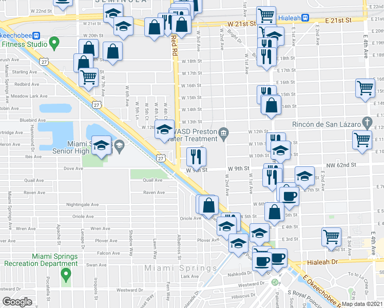 map of restaurants, bars, coffee shops, grocery stores, and more near 359 West 11th Street in Hialeah