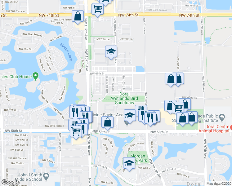 map of restaurants, bars, coffee shops, grocery stores, and more near 10346 Northwest 64th Street in Doral