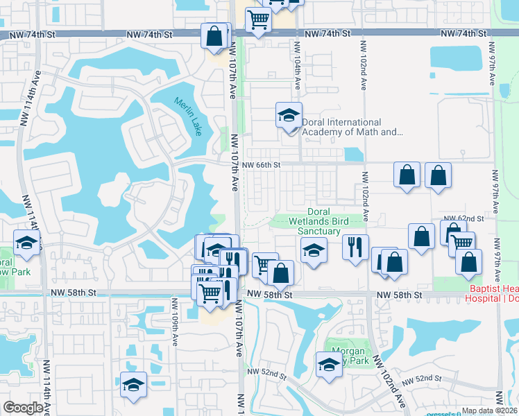 map of restaurants, bars, coffee shops, grocery stores, and more near 6323 Northwest 105th Court in Doral