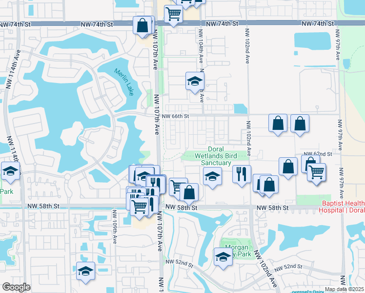 map of restaurants, bars, coffee shops, grocery stores, and more near 6323 Northwest 105th Court in Doral