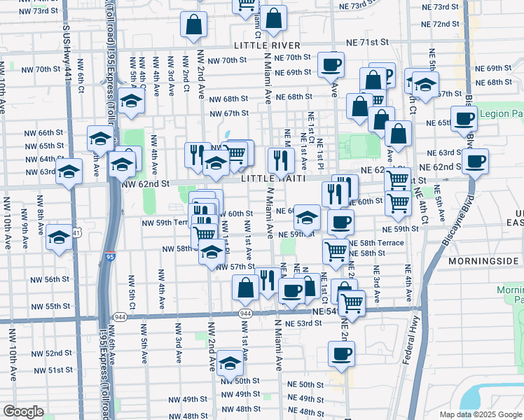 map of restaurants, bars, coffee shops, grocery stores, and more near 47 Northwest 60th Terrace in Miami