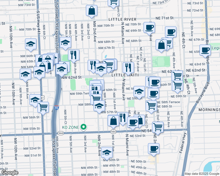 map of restaurants, bars, coffee shops, grocery stores, and more near 161 Northwest 61st Street in Miami