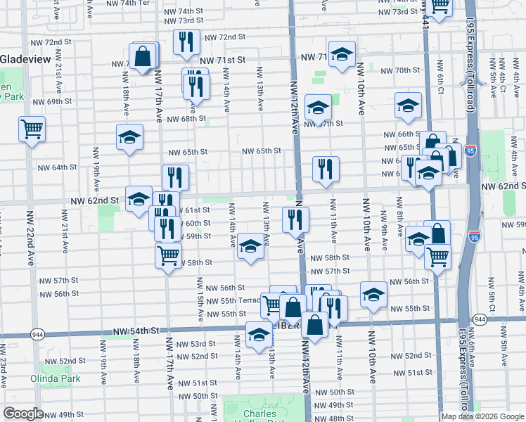 map of restaurants, bars, coffee shops, grocery stores, and more near 1281 Northwest 61st Street in Miami