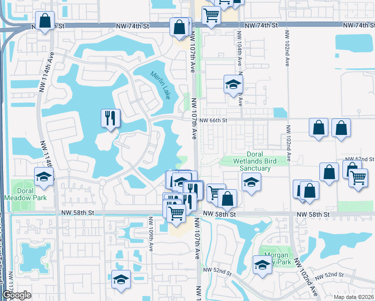 map of restaurants, bars, coffee shops, grocery stores, and more near 10750 Northwest 66th Street in Doral