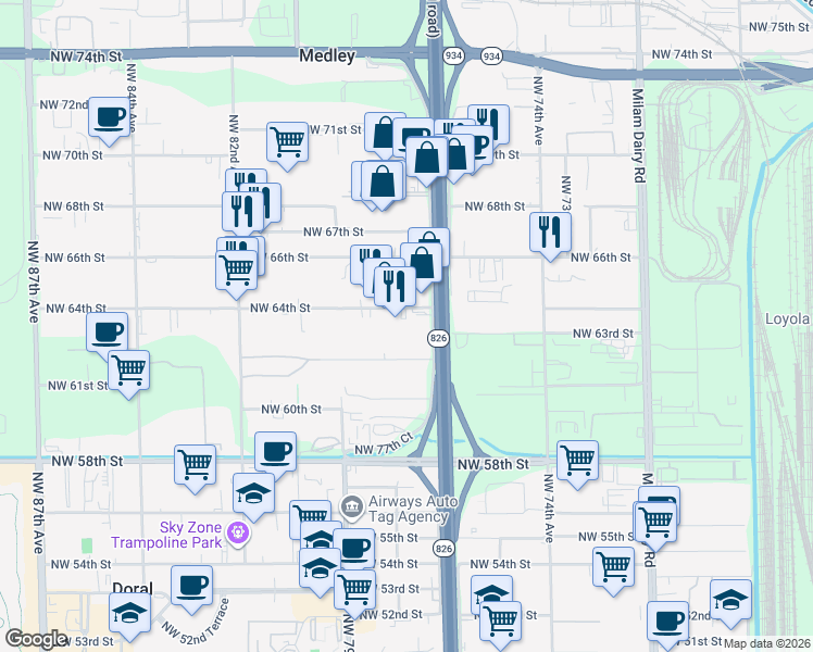 map of restaurants, bars, coffee shops, grocery stores, and more near 6312 Northwest 77th Court in Miami
