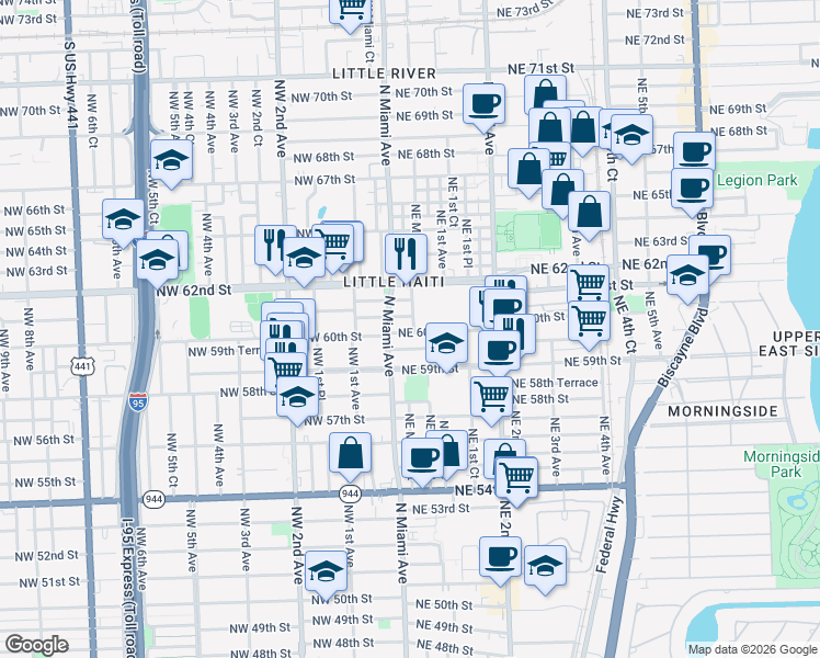map of restaurants, bars, coffee shops, grocery stores, and more near 21 Northeast 60th Terrace in Miami