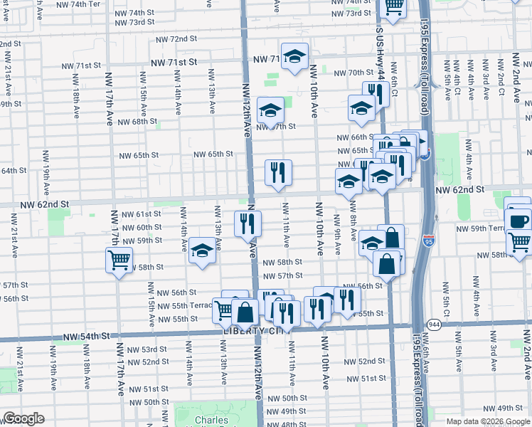 map of restaurants, bars, coffee shops, grocery stores, and more near 1165 Northwest 61st Street in Miami