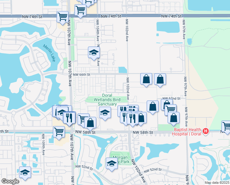 map of restaurants, bars, coffee shops, grocery stores, and more near 6402 Northwest 102nd Path in Doral