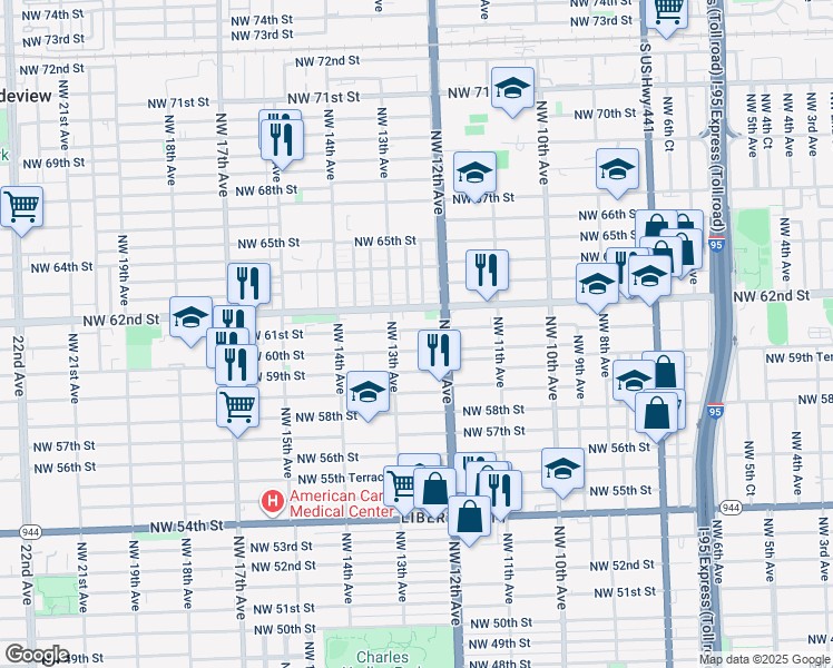map of restaurants, bars, coffee shops, grocery stores, and more near 1250 Northwest 61st Street in Miami