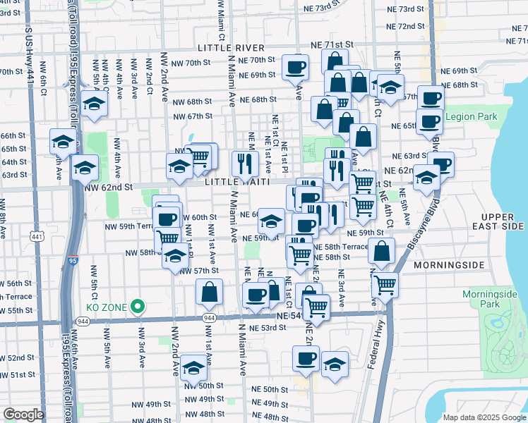map of restaurants, bars, coffee shops, grocery stores, and more near 97 Northeast 60th Street in Miami
