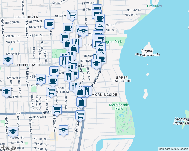map of restaurants, bars, coffee shops, grocery stores, and more near 5960 Northeast 5th Court in Miami