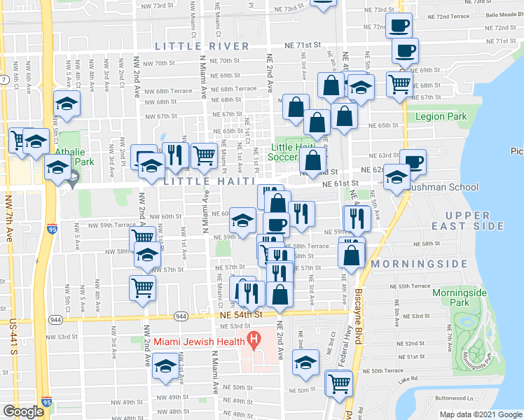 map of restaurants, bars, coffee shops, grocery stores, and more near 169 Northeast 60th Street in Miami