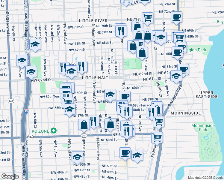 map of restaurants, bars, coffee shops, grocery stores, and more near 97 Northeast 60th Street in Miami