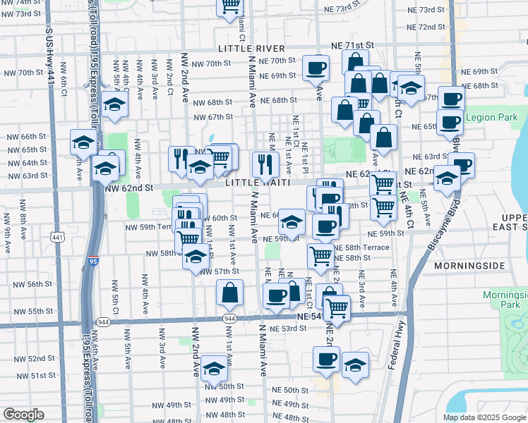 map of restaurants, bars, coffee shops, grocery stores, and more near 21 Northeast 60th Terrace in Miami