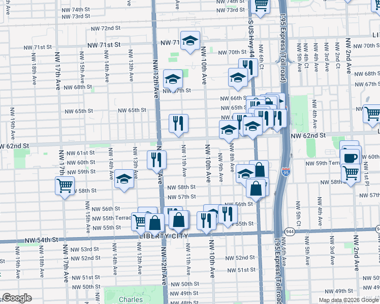 map of restaurants, bars, coffee shops, grocery stores, and more near 1079 Northwest 61st Street in Miami