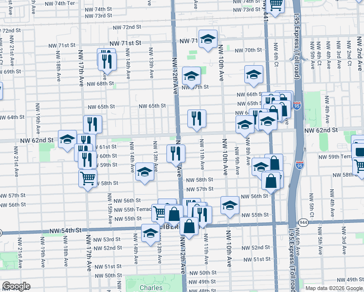 map of restaurants, bars, coffee shops, grocery stores, and more near in Miami