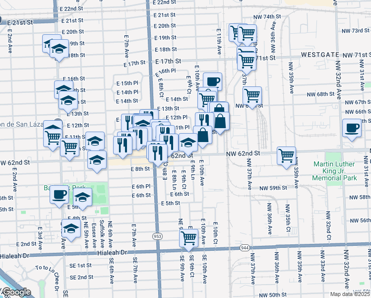 map of restaurants, bars, coffee shops, grocery stores, and more near 901 East 9th Place in Hialeah