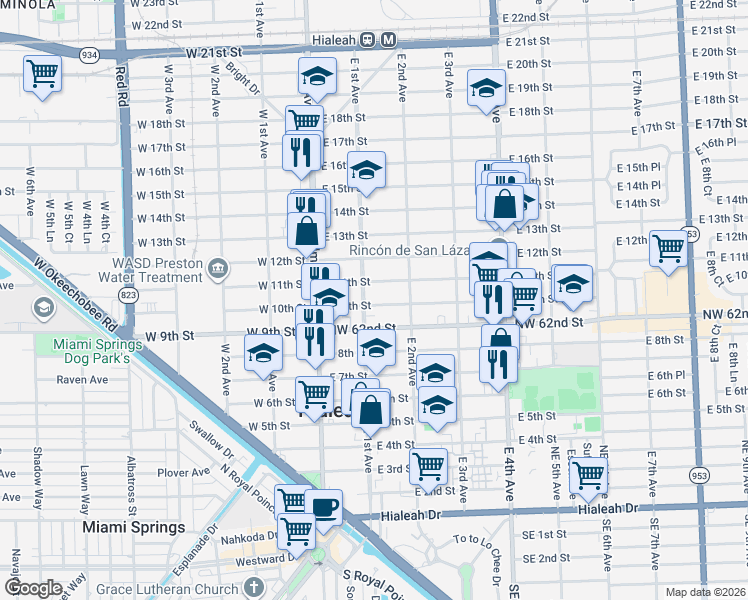map of restaurants, bars, coffee shops, grocery stores, and more near 160 East 11th Street in Hialeah