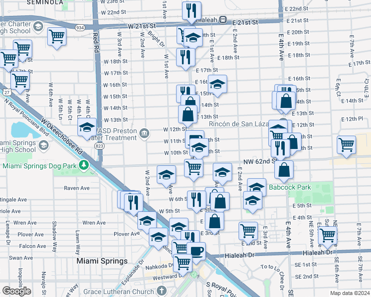 map of restaurants, bars, coffee shops, grocery stores, and more near 60 West 11th Street in Hialeah
