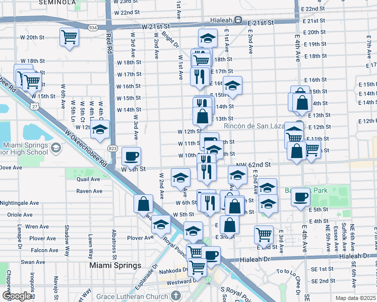 map of restaurants, bars, coffee shops, grocery stores, and more near 60 West 11th Street in Hialeah