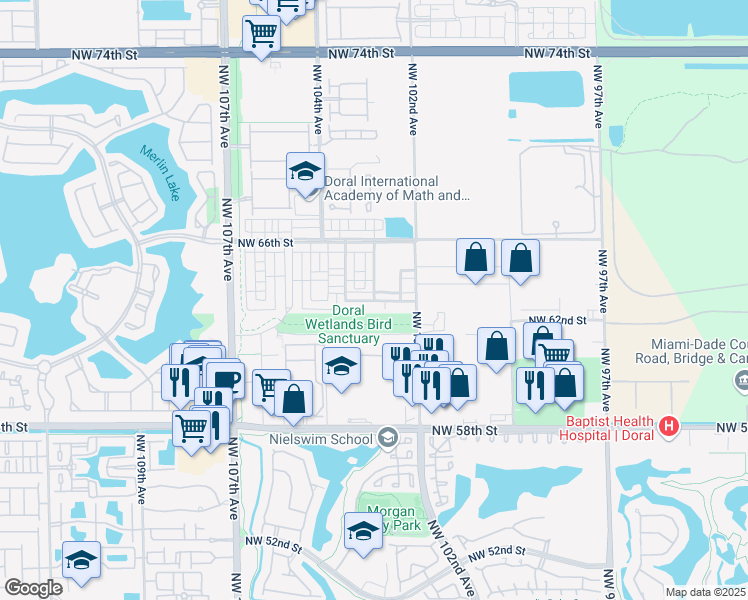 map of restaurants, bars, coffee shops, grocery stores, and more near 6402 Northwest 102nd Path in Doral
