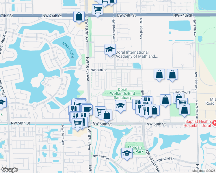 map of restaurants, bars, coffee shops, grocery stores, and more near 6338 Northwest 104th Court in Doral