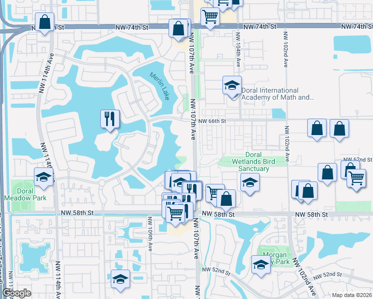 map of restaurants, bars, coffee shops, grocery stores, and more near 10750 Northwest 66th Street in Doral