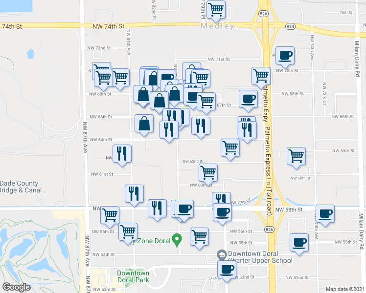 map of restaurants, bars, coffee shops, grocery stores, and more near 8150 NorthWest 64th Street in Miami