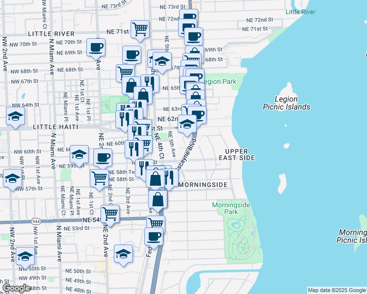 map of restaurants, bars, coffee shops, grocery stores, and more near 551 Northeast 60th Street in Miami