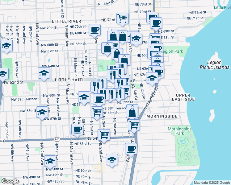 map of restaurants, bars, coffee shops, grocery stores, and more near 294 Northeast 60th Street in Miami