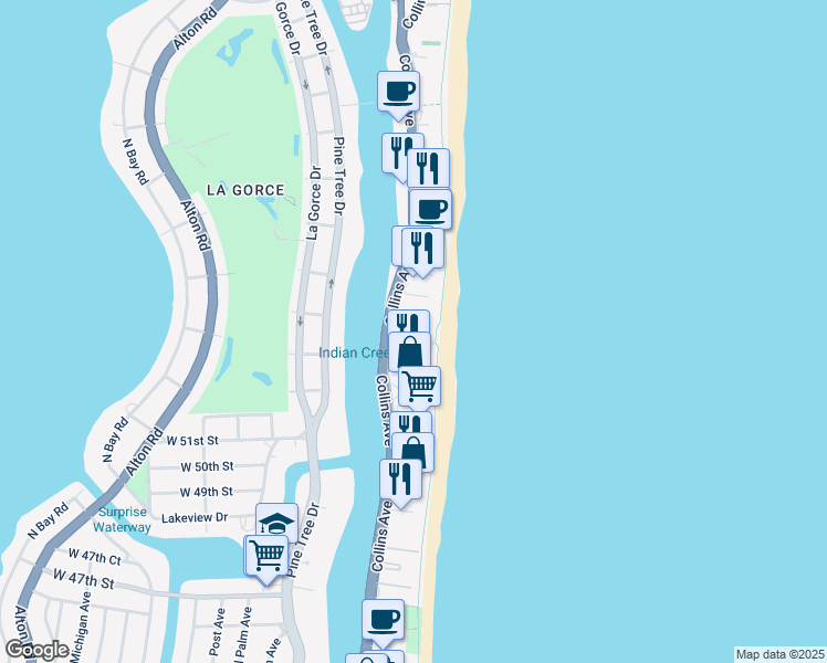 map of restaurants, bars, coffee shops, grocery stores, and more near 5301 Collins Avenue in Miami Beach