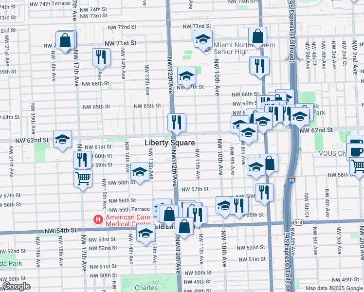 map of restaurants, bars, coffee shops, grocery stores, and more near 1166 Northwest 61st Street in Miami