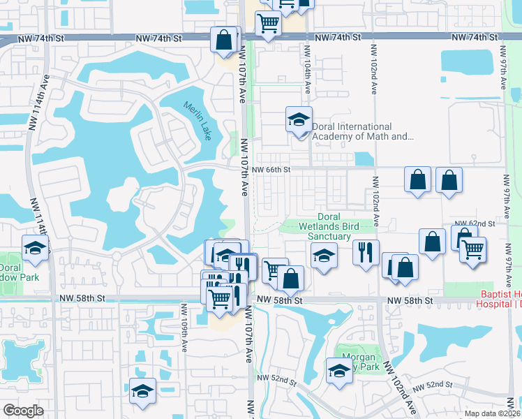 map of restaurants, bars, coffee shops, grocery stores, and more near 6323 Northwest 105th Court in Doral