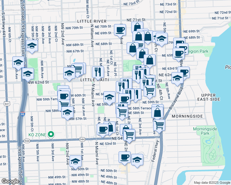 map of restaurants, bars, coffee shops, grocery stores, and more near 153 Northeast 60th Street in Miami