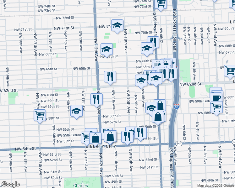 map of restaurants, bars, coffee shops, grocery stores, and more near 1079 Northwest 61st Street in Miami