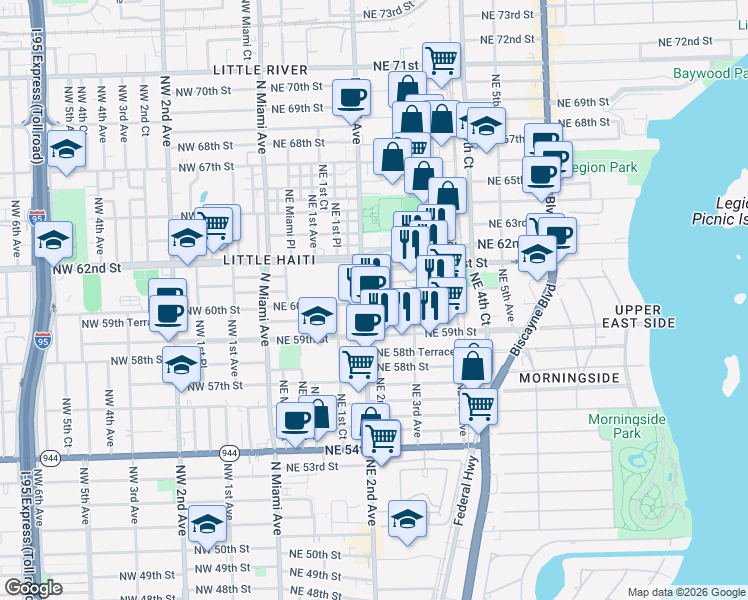 map of restaurants, bars, coffee shops, grocery stores, and more near in Miami