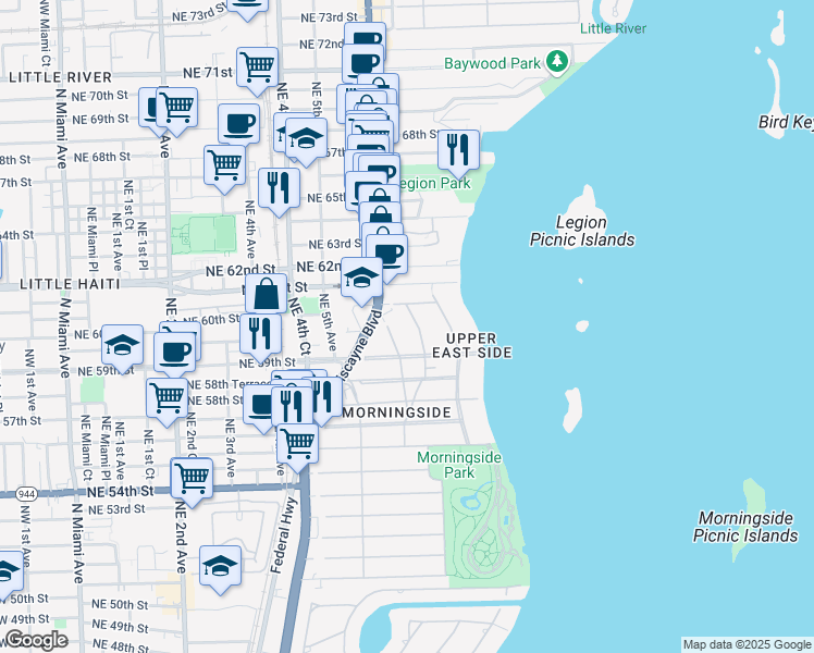 map of restaurants, bars, coffee shops, grocery stores, and more near 5991 Northeast 6th Court in Miami