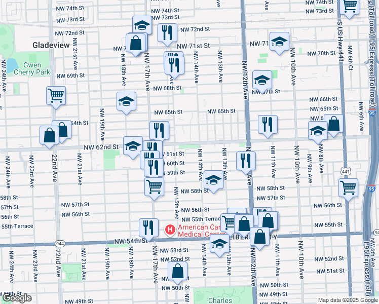 map of restaurants, bars, coffee shops, grocery stores, and more near 1435 Northwest 61st Street in Miami