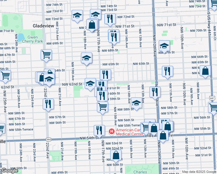 map of restaurants, bars, coffee shops, grocery stores, and more near 1500 Northwest 62nd Terrace in Miami