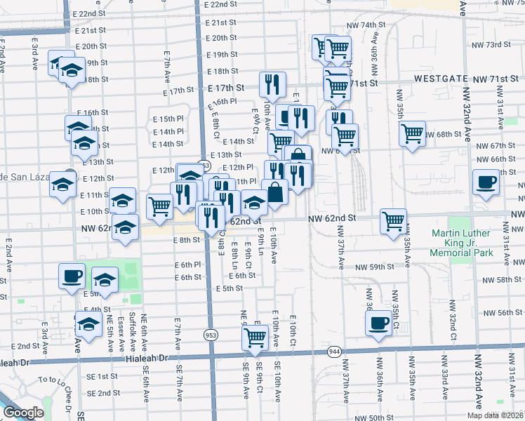 map of restaurants, bars, coffee shops, grocery stores, and more near 941 East 9th Court in Hialeah