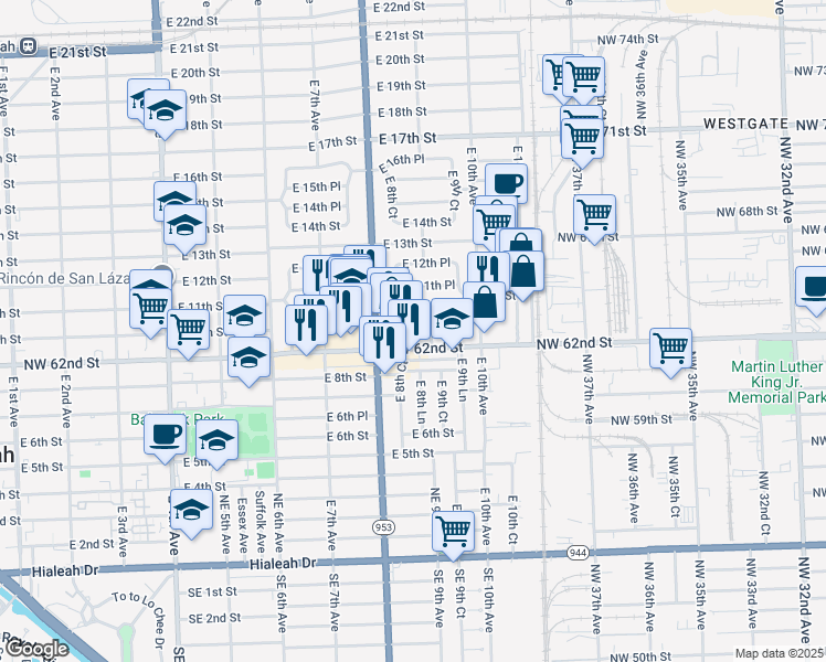 map of restaurants, bars, coffee shops, grocery stores, and more near 901 East 9th Place in Hialeah