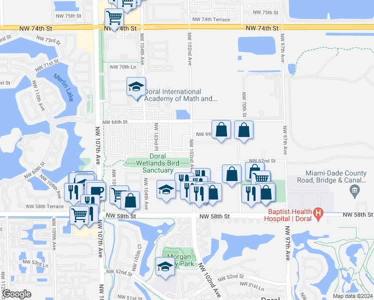 map of restaurants, bars, coffee shops, grocery stores, and more near 10229 Northwest 64th Terrace in Doral