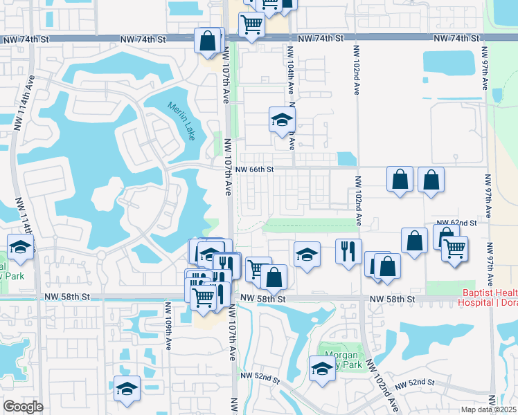 map of restaurants, bars, coffee shops, grocery stores, and more near 6323 Northwest 105th Court in Doral