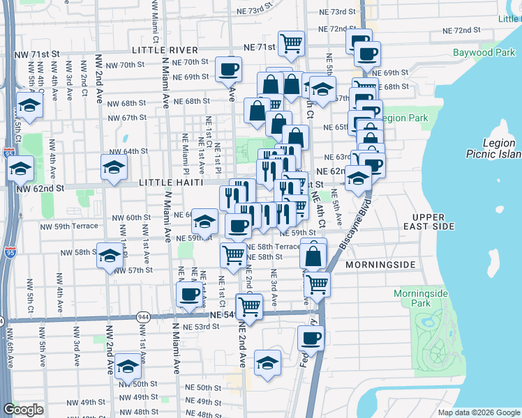 map of restaurants, bars, coffee shops, grocery stores, and more near 294 Northeast 60th Street in Miami
