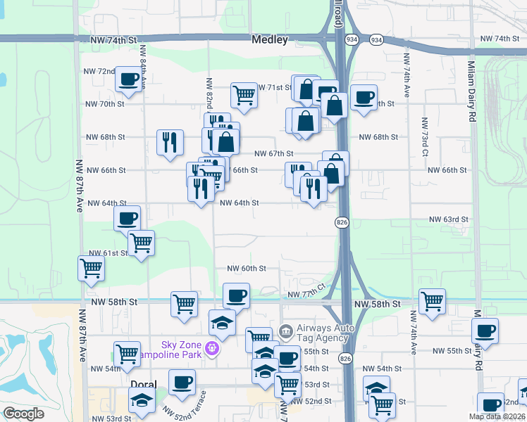map of restaurants, bars, coffee shops, grocery stores, and more near 7942 NorthWest 64th Street in Miami